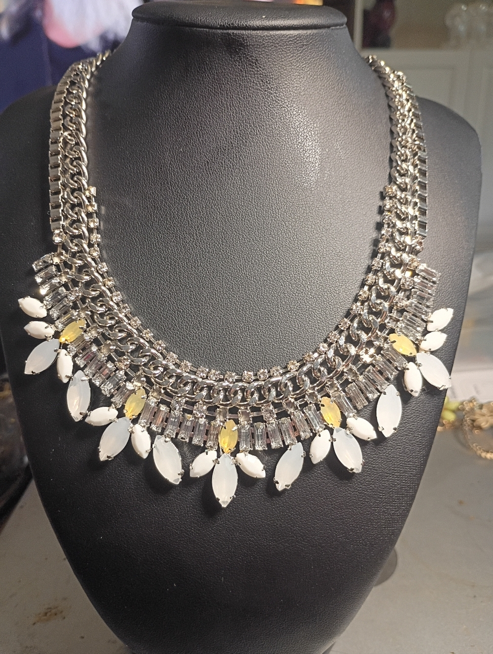 BCBG Vintage Silver-Tone Bib Necklace with White and Yellow Accents